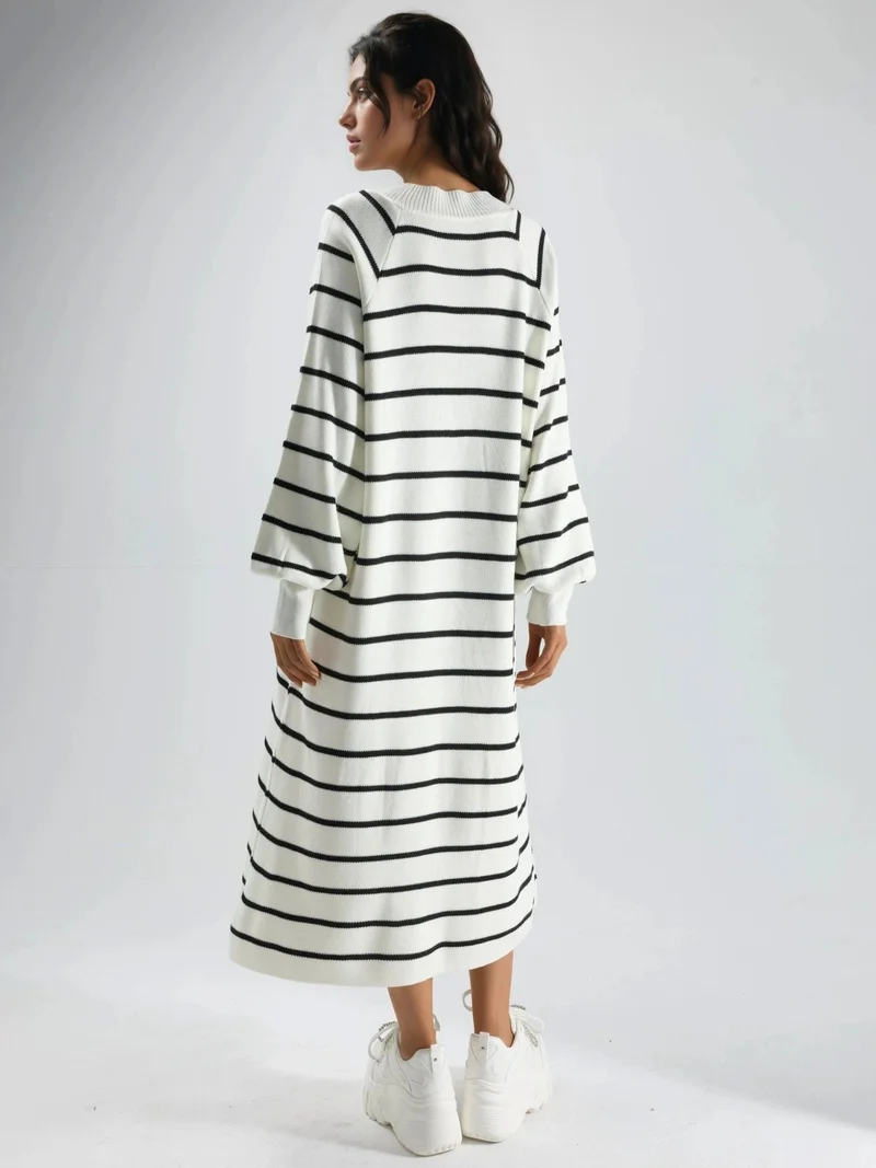 MY FASHION Dusty White MY FASHION Long Sleeve Striped Ribbed Knit Dress for Women | Best Price UAE